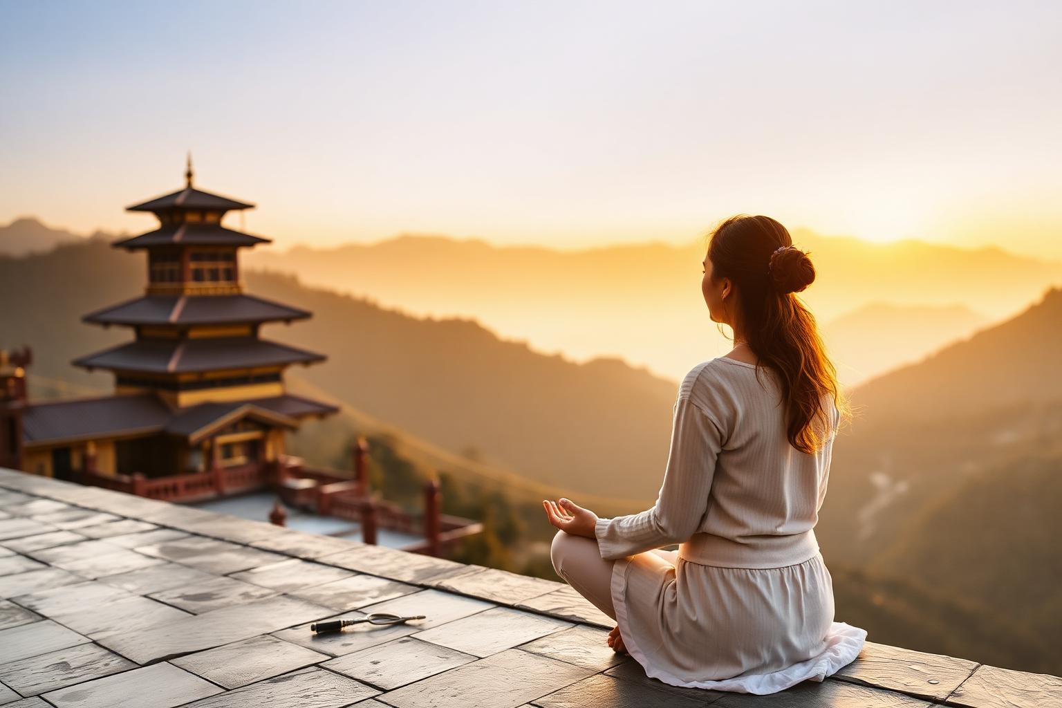 Woman practicing a calm morning routine at sunrise