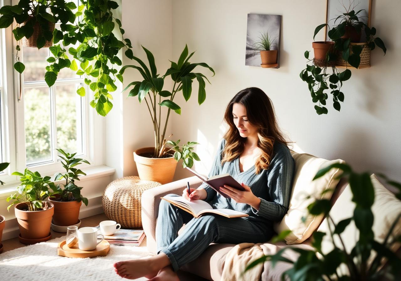 Quiet morning routine at home with a journal and tea